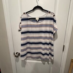 Self‎ Womens Short Sleeve Top Striped Shoulder Button Detail White Blue 2X